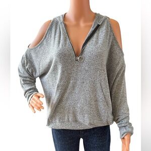 VENUS Gray Cold-Shoulder Zip Hoodie Sweater
